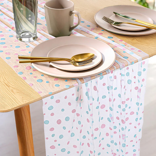 Pink Table Runner 120 Inch Boho Tulle Table Runner, Sheer Chiffon Dining, Seasonal Easter Kitchen Dining Table Decoration for Home Party Indoor, Blue Pink Polka Dots