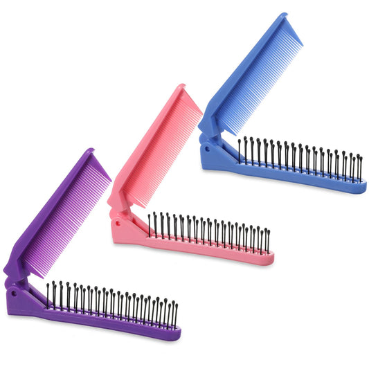 Folding Comb, 3 Pcs Portable Travel Comb Set Multicolor Foldable Hair Brush Double Headed Pocket Size Compact Folding Brush Massage Head Brush and Fine Tooth Hair Comb for Women (Pink, Blue, Purple)