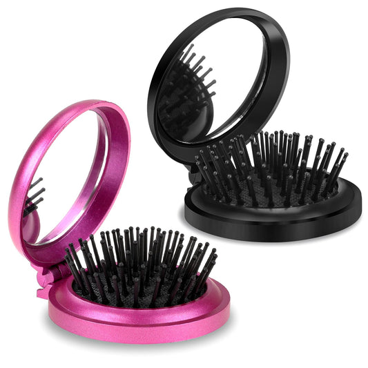 2 Pack Folding Hair Brush with Mirror,Round Mini Hair Brush Travel Size Hair Massage Comb Compact Hair Brush Pocket Hair Brush Portable Hair Styling Tools Travel Brush for Women (Black & Purple)