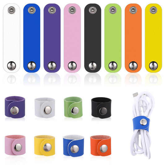16 Pcs Leather Cord Organizer 8 Colors PU Leather Cable Straps Holder Reusable Cord Wraps for Charging Colorful Travel Cords Keeper with Snap Earphone Cable Ties
