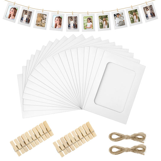 Paper Picture Frames, 20 Pcs 4.5''x6.1'' Paper Photo Frame with Clips and String White Cardboard Photo Frames DIY Clip Photo Holders Hanging Photo Display Wall Decor for Home Office Party Wedding