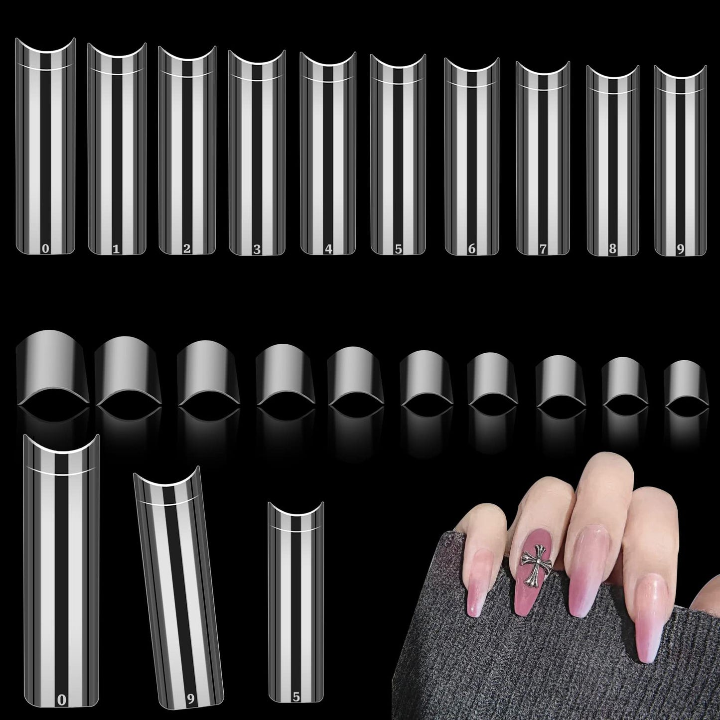 500pcs Extra Long C Curve Nails Half Cover Clear Nail Tips Fake XXL False Nails Flattened Straight Square Half Cover Nail Tip Acrylic Square Press on Nails for Nail Salons and DIY Nail Art, 10 Size