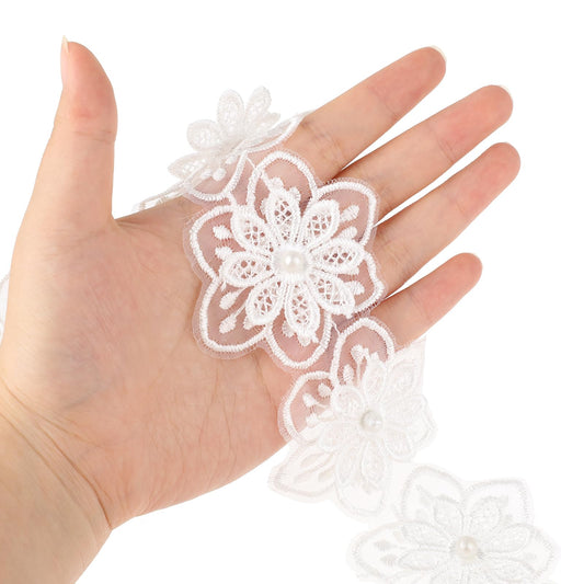 3 Yards White Pearl Rose Flower Embroidered Lace Trim Ribbon, Embroidered Flower Lace Pearl Trim Ribbon Lace Trim Fabric Floral Appliques Lace Ribbon for Wedding Applique DIY Craft Decoration