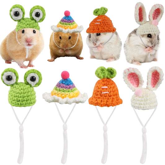 KALIONE 4 Pack Mini Hand Knitted Hats with Adjustable Strap Small Animals Mini Hat Cute Hamster Hat Cute Rainbow Bunny Carrot Tiny Hats for Guinea Pig Pets Holiday Party Costume Accessories