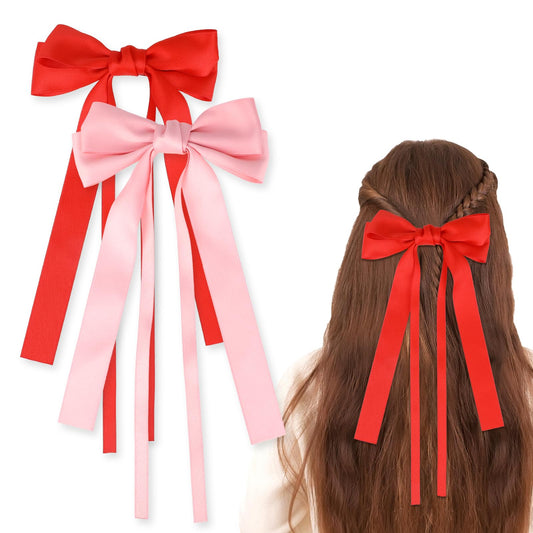 Hair Ribbon Bow Clip, 2 Pieces Hair Bows for Women Silky Satin Hair Bow Long Tail Ribbon Hair Barrettes Clip Satin Ribbon Bow for Women Girls French Barrette Bow Hair Accessories