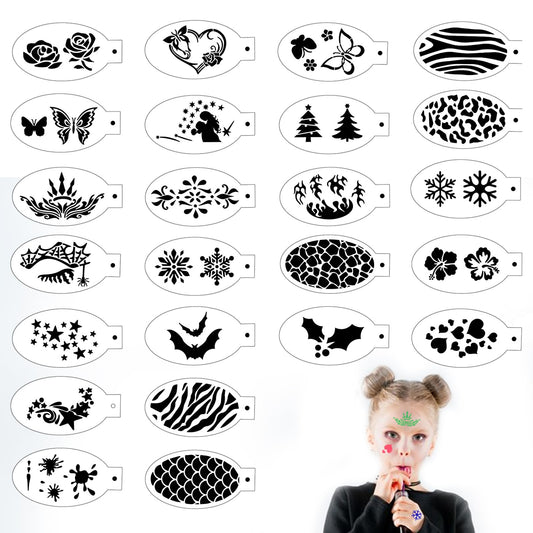 24 PCS Face Paint Stencils, Face Body Painting Stencils Plastic Tattoo Painting Templates Body Facial Painting Stencils Reusable Makeup Painting Templates for Kids Halloween Makeup Body Art Painting