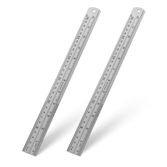 KALIONE 2 Packs Stainless Steel Ruler Set, 12 Inch Metal Straight Ruler Flexible Precision Measuring Scale Ruler with Inches and Centimeters for Drawing, Silver