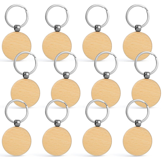 FdcLixuvol Pack of 12 Wooden Keyrings, Round Key Fob Blank Wood for Engraving Wooden Pendants Writeable Key Ring Blank for Painting DIY Creative Gifts Decoration