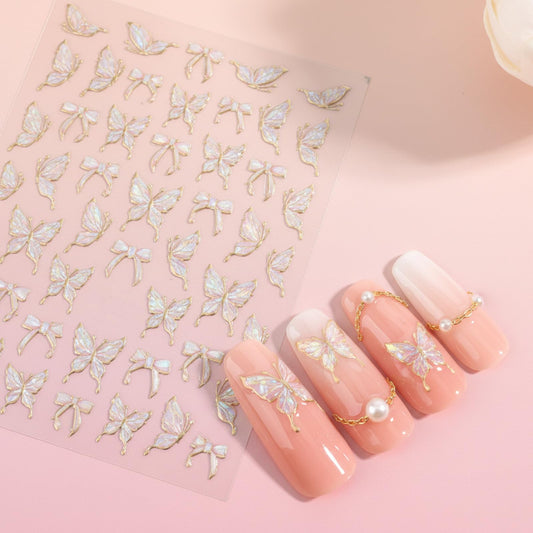 Butterfly Nail Stickers for Nail Art Aurora Light Shell Pink Butterfly Nails Decals 5D Embossed Nails Art Stickers Bow Spring NailArt Supplies for Women