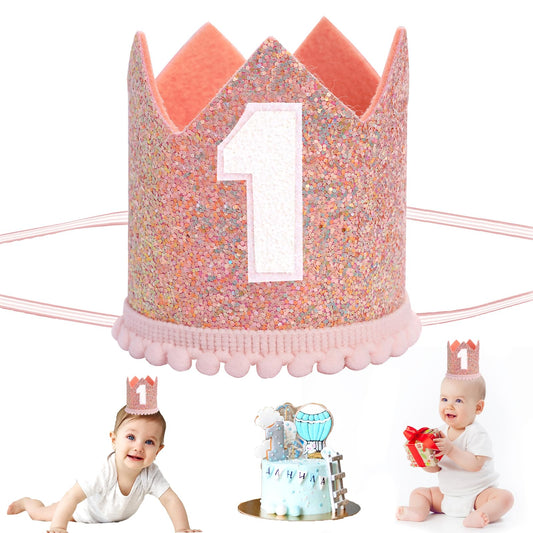 KALIONE Baby Tiara Birthday Crown for 1st Birthday Party, Baby First Birthday Glitter Crown,1st Birthday Hat First Birthday Headbands Party Hats for 1st Birthday Photo Booth Props(Pink)