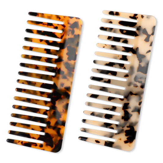 Detangling Hair Combs for Women, 2 PCS 5.9" Cellulose Wide Tooth Comb Large Shower Comb Portable Travel Comb for Curls Wavy Hair, Dry or Wet Hair, Long Hair, Thick or Thin Hair (Tortoise Shell, Ivory)