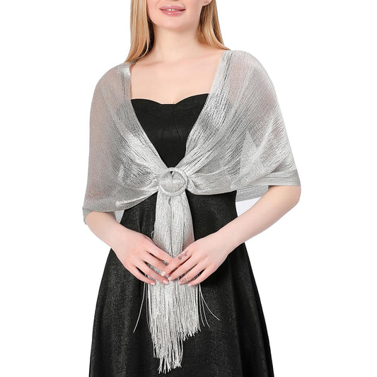 KALIONE Sparkling Metallic Shawls and Wraps, Women's Shinny Tessal Wraps and Scarf, Shawls and Wraps with Buckle for Women Girls Bride Evening Wedding Party Formal Dresses, Silver