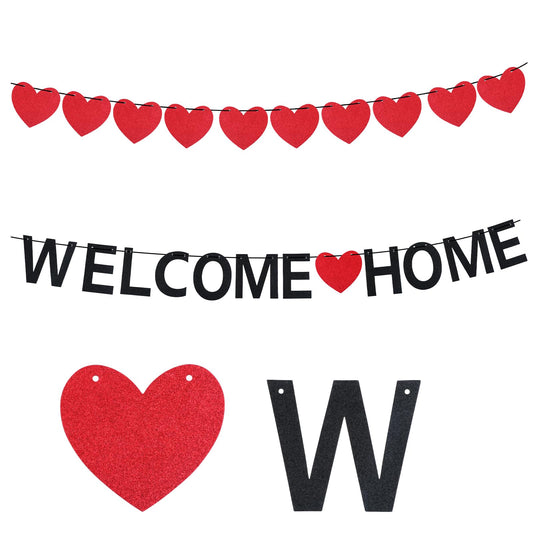 Pre-Strung Welcome Home Banner With Heart, Black Welcome Home Banner, Glitter Welcome Home Party Sign, Family Party Housewarming Banner for Family Theme Party Supplies Decorations