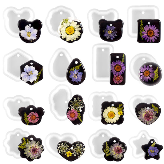 16 Pcs Resin Jewelry Molds Silicone Resin Mould Keyring Resin Moulds with Hanging Hole Heart Star Geometric Rectangle Square Round Epoxy Necklace Jewelry Making Mould Pendant Ornaments Moulds