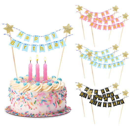 Birthday Cake Topper Bunting Set Bunting Banner Glitter Cake Topper Cake Gold Star Flag Banner Cake Bunting for Theme Birthday Party Decoration, Colour