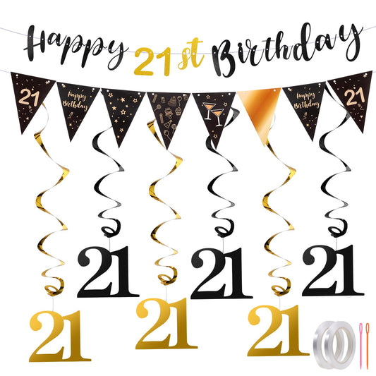 21st Birthday Decorations, Happy 21st Birthday Decorations 21st Birthday Decorations for Him Her with Birthday Banner Bunting Swirls Streamers Black and Gold 21st Birthday Banner for Birthday Party