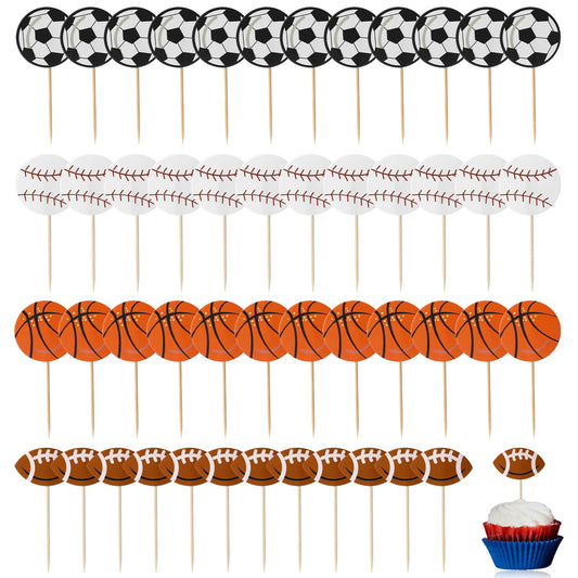 48 Pieces Sports Cupcake Toppers Football Cupcake Toppers Baseball Rugby Cupcake Toothpicks Rugby Basketball Cake Decorations Sports Party Decorations for Sports Ball Game Theme Party Supplies