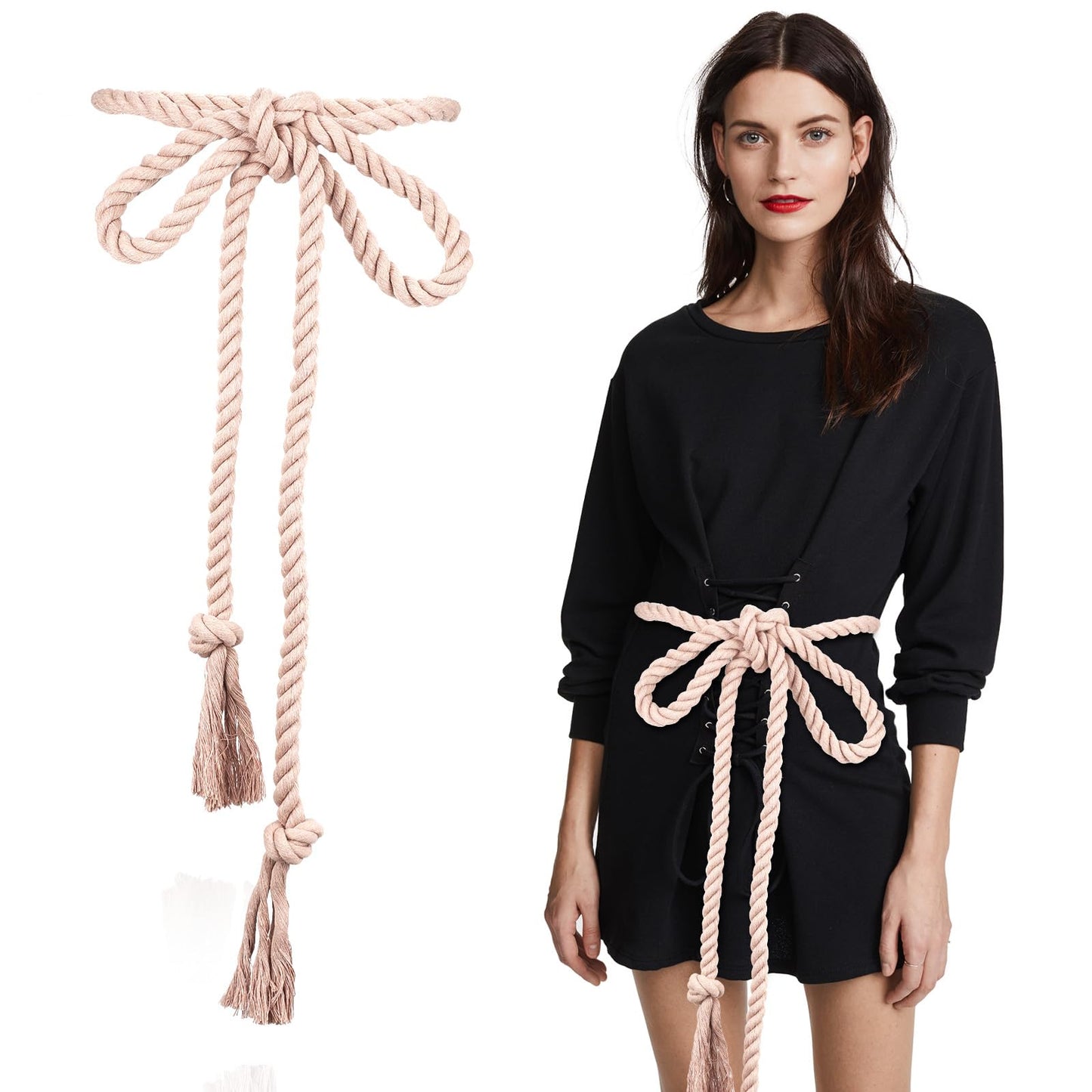 Women's Braided Belt, Cotton Rope Belt Plus Size Belt Skinny Dress Belts Adjustable Tie Belt Knotted Western Belt Boho Woven Braided Rope Belts with Tassels for Women Girls Men Skirt Dresses Jeans