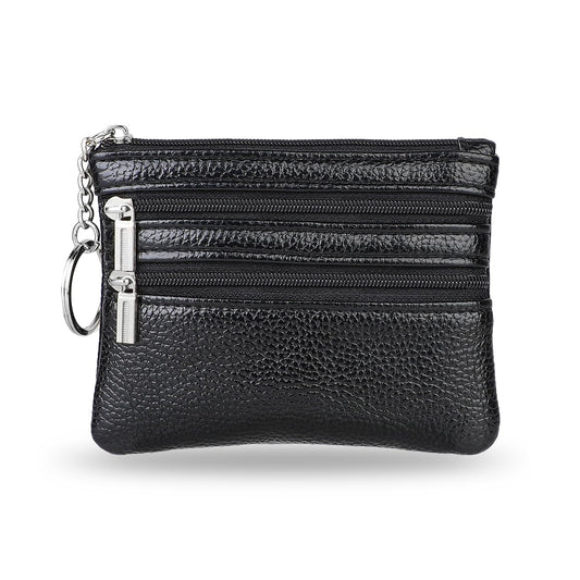 KALIONE Men's Leather Coin Purse Pouch, Small Change Purse Keychain for Coins Pocket Zipper Wallet with Key Ring for Men Women, Black