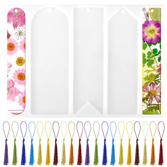KALIONE Silicone Bookmark Resin Molds Set, 5 Shapes Resin Bookmark Moulds with 20 PCS Colorful Tassels for DIY Epoxy Resin Bookmarks Crafts Making Supplies