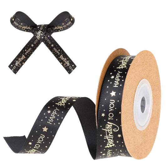 Happy Birthday Ribbon 5/8 Inch Black Ribbon with Gold Printed Wide Satin Ribbon Decorations for Birthday Gift Bouquet Wrapping Craft Hair Bows Party Supplies (10 Yards)