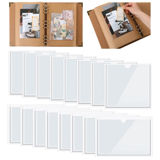 16pcs Plastic Card Sleeves Self-Adhesive 2 Size Index Card Pockets Replaceable Label Pockets Clear Labels Holders with Top Open for Organizing Storage Bins Library Card Shelves(10x15cm/12.5x12.5cm)