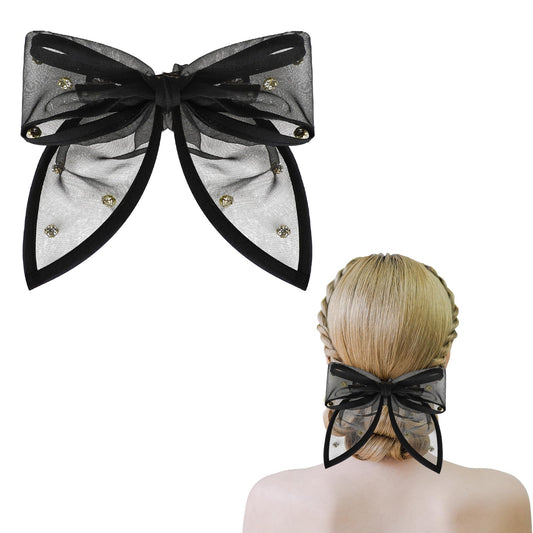 Lace Hair Bow Clips for Women Large Bowknot Lace Hair Barrettes with Crystal Solid Color Long Silk Ribbon Bow Hairclips Cute Tulle Bow Barrettes Hair Accessories for Party Gift Girls Women