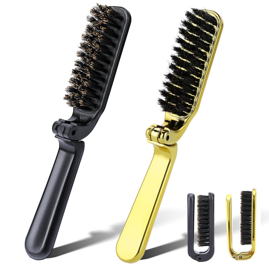 2 Pcs Mini Hair Brush, Travel Folding Hair Brush with natural Boar Bristles Collapsable Pocket Size Hair Brush for Women, Anti-Static Range Hair Styling Tool Mini Beard Brush for Men (Black & Gold)