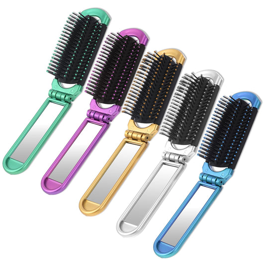 Travel Hair Brush with Mirror, 5 Pcs Muiticolor Folding Hair Brush Portable Compact Brush, Mini Hair Brush for Purse Hair Massage Comb Hair Styling Tools for Women Home, Trip, Gym, Swimming (5 Colors)