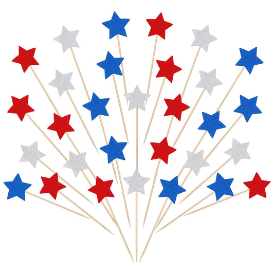 4th of July Cupcake Toppers, 30 PCS Patriotic Red White and Blue Decorations Glitter Star Cupcake Toppers Red White and Blue Decorations American National Party Cake Decorations Supplies