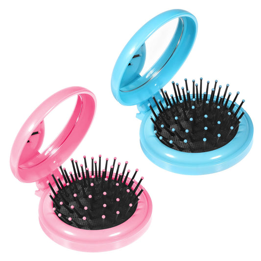 Mini Hair Brush, Pack of 2, Folding Brush with Mirror, Foldable Comb, Round, Small Hair Brush, Portable Travel Size, Hair Massage Comb, Compact Hair Brush, Compact Travel Brush for Women and Men (Pink