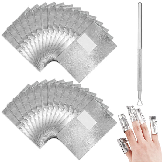100PCS Foil Nail Wraps Gel Nail Remover Aluminium Wraps with 1PCS Cuticle Pusher Foil Gel Nail Polish Remover with Cotton Pad for Gel Polish/Acrylic Soak-Off Removal