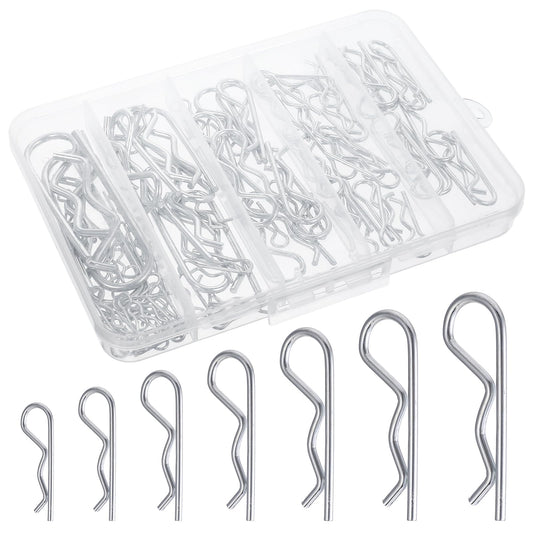 105 pcs Cotter Pin Assortment Kit R Clips Hardware Pins Hitch Pin Clip 7 Sizes R Shaped Hardware Zinc Plated Steel Hair Pin Hitch Pin Fastener Fitting Assortment Kit for Hitch Pin Lock System