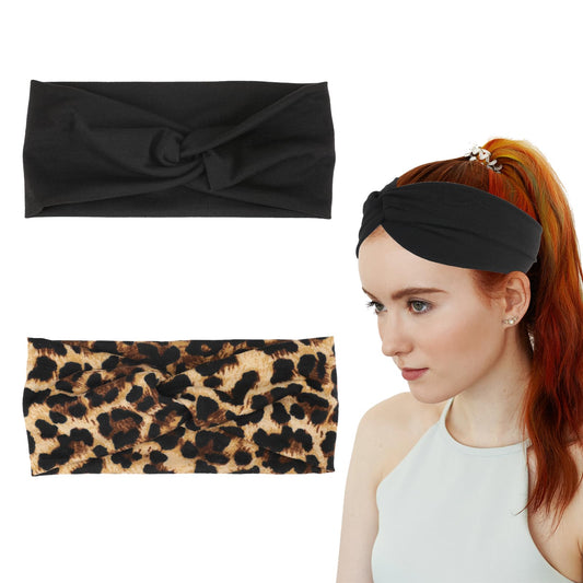 2Pcs Turban Headbands for Women's Hair Wide Twist Headbands Boho Stretchy Headbands Fabric Knotted Cloth Cute Thick Headband leopard Black Turban Head Wraps for Cleaning Face Makeup Workout