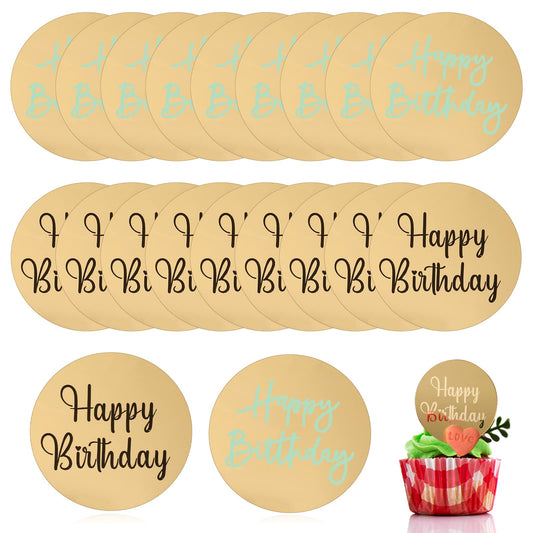 20 Pieces Happy Birthday Cupcake Toppers Acrylic Cake Toppers Cake Disc Birthday Toppers Engraved Personalized Cake Topper for Cupcake Decoration Diy Party, Gold