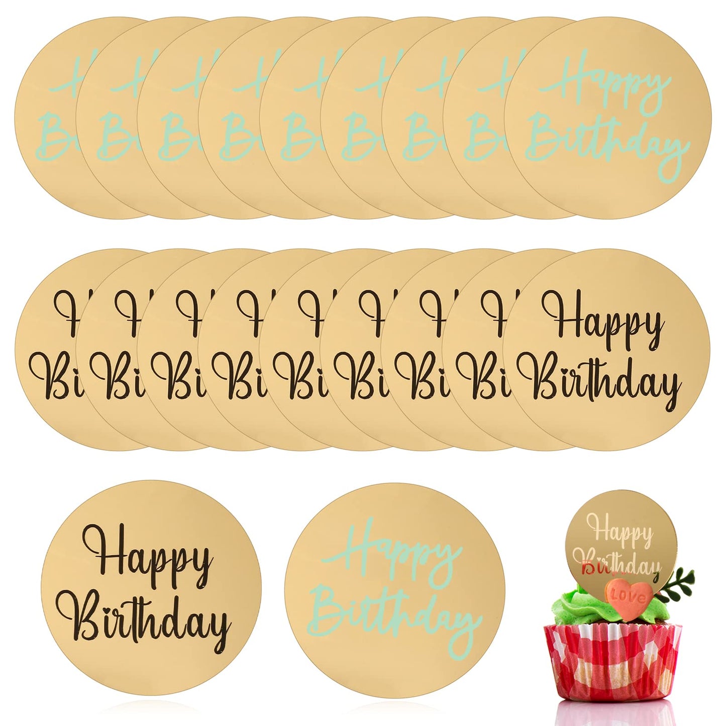 20 Pieces Happy Birthday Cupcake Toppers Acrylic Cake Toppers Cake Disc Birthday Toppers Engraved Personalized Cake Topper for Cupcake Decoration Diy Party, Gold