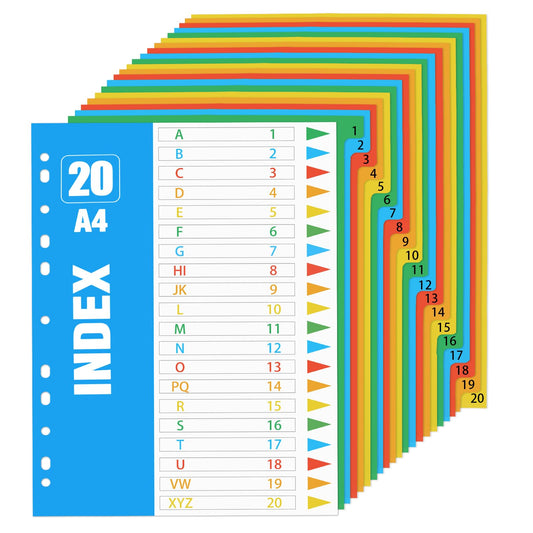 KALIONE 20 Packs Binder Dividers, Blank Tab Plastic Dividers Inserts with 11 Hole Punch 1-20 Number Binder Index Dividers Multicolor 3 Ring Tab Dividers for 3/4/6/11 Ring Binders Notebooks,11.6×8.7 In