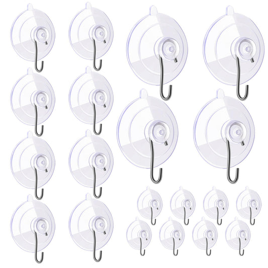 Mozeat Lens 20PCS Small Suction Cups with Hooks Multi-Purpose Suction Cup Hooks Heavy Duty Clear Plastic Suction Hooks for Kitchen Bathroom Shower Wall Window Glass Door, 3 Size