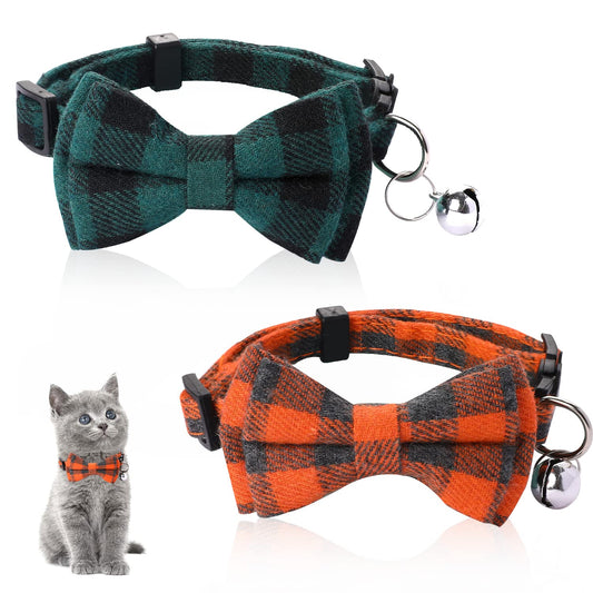2 Pcs Adjustable Cat Collar for Boy Cats Breakaway Kitten Collar with Bow Tie and Bell Plaid Pattern Cat Collars Kitty Safety Collars for Girl Cats