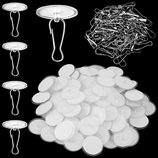 Qulkws 100 Pack Self Adhesive Ceiling Hooks for Hanging, No-Drill Transparent Ceiling Discs Hanger with Metal Hook, Removable Transparent Wall Hanger for Birthday Party, Festival, Wedding Decorations