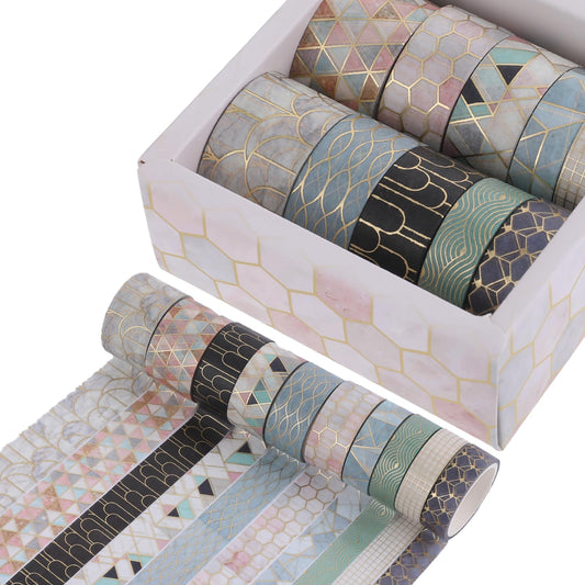 Psyqtsuary Washi Tape, 10 Rolls Geometric Decorative Tape with Designs Multicolor Adhesive Masking Tape for DIY Crafts, Gift Wrapping, Scrapbooking, Planners, Journal Supplies (20mm, 15mm, 10mm)