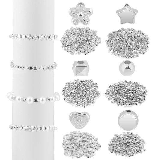 1200 Pcs Bracelet Beads for Jewelry Making Assorted Bracelet Beads Spacer Beads Small Beads Heart Star Cylinder Round Beads for DIY Bracelet Jewelry Making, Silver