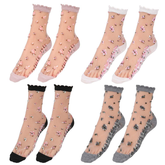 KALIONE 4 Pairs See Through Socks Floral Mesh Socks, Fancy Sheer Ankle Socks, Women Lace Socks, Flower Mesh Socks Polly Women's Sheer Thin Summer Mesh Socks for Girls Women