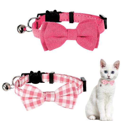2 Pcs Kitten Bow Tie Collar with Bell Cute Cat Collar for Girl Boy Cats Breakaway Cat Collars Adjustable Small Puppy Safety Collar Solid Color Plaid Pet Collar (Pink)