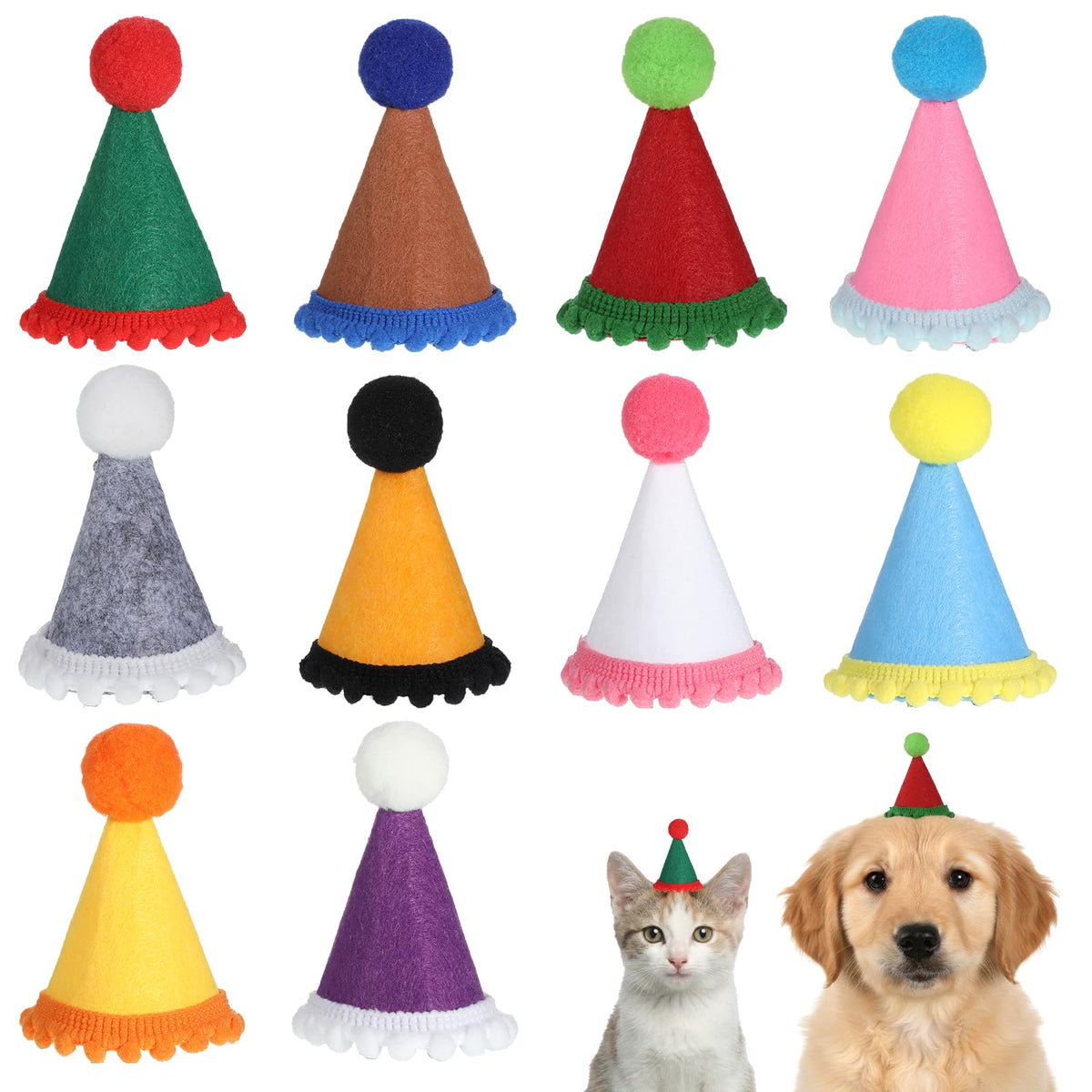 10 Pack Party Hats for Stuffed Animals, Mini Party Hats for Stuffed Animals Adjustable Birthday Hat Cone with Pom Poms Small Dogs, Cats, Kittens, Holiday Birthday Costume Accessories