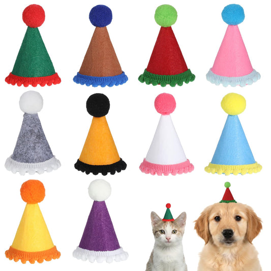10 Pack Party Hats for Stuffed Animals, Mini Party Hats for Stuffed Animals Adjustable Birthday Hat Cone with Pom Poms Small Dogs, Cats, Kittens, Holiday Birthday Costume Accessories