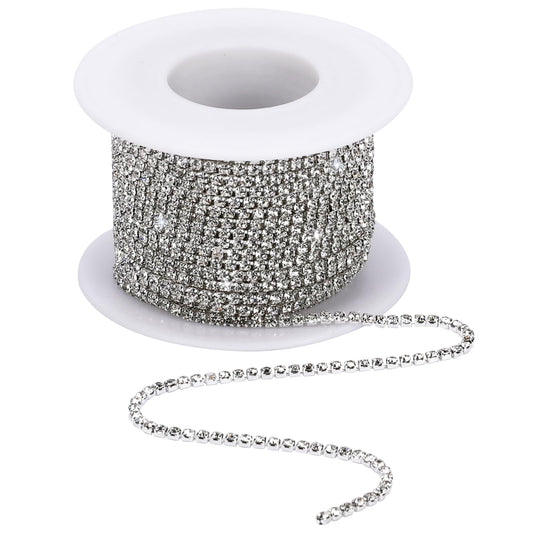Kalionne 1 Roll 10m x 2mm Silver Crystal Rhinestone Ribbon Chain, Wedding Decoration
