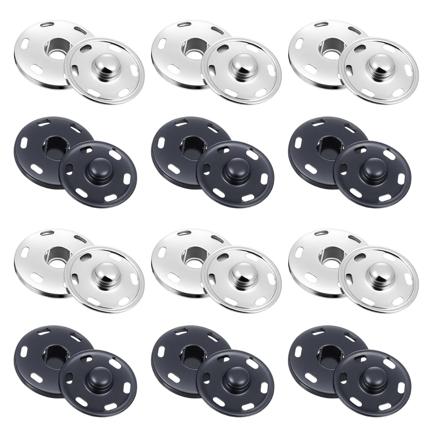 12 Sets Large Snaps for Sewing Sew on Snap Buttons Metal Snaps Fasteners Press Studs for Fabric Sewing Clothing 0.75 Inch 19mm Diameter, Black and Silver