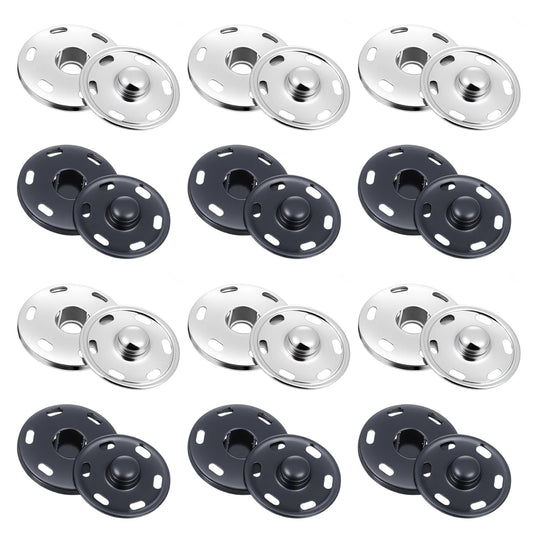 12 Sets Large Snaps for Sewing Sew on Snap Buttons Metal Snaps Fasteners Press Studs for Fabric Sewing Clothing 0.75 Inch 19mm Diameter, Black and Silver