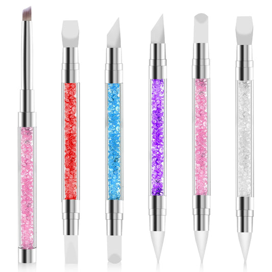 6Pcs Nail Art Acrylic Pen Brushes Dual Tipped Silicone Nail Tool Rhinestone Nail Polish Carving Pen - 5 Silicone Nail Art Sculpture Pen 1 Rhinestone Handle Nail Art Design Brush for Home Salon